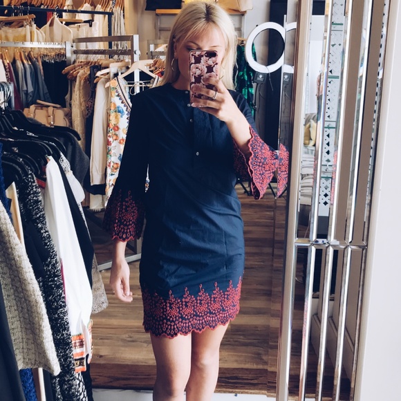 Navy Dress with Red Embroidered Sleeves - Picture 4 of 6